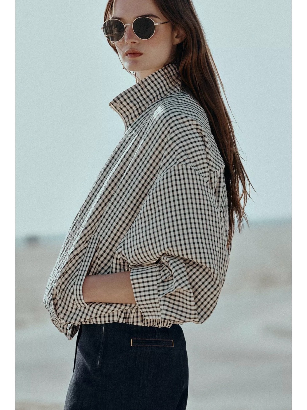 Zara Plaid High-Collar Bomber Jacket in Black and White